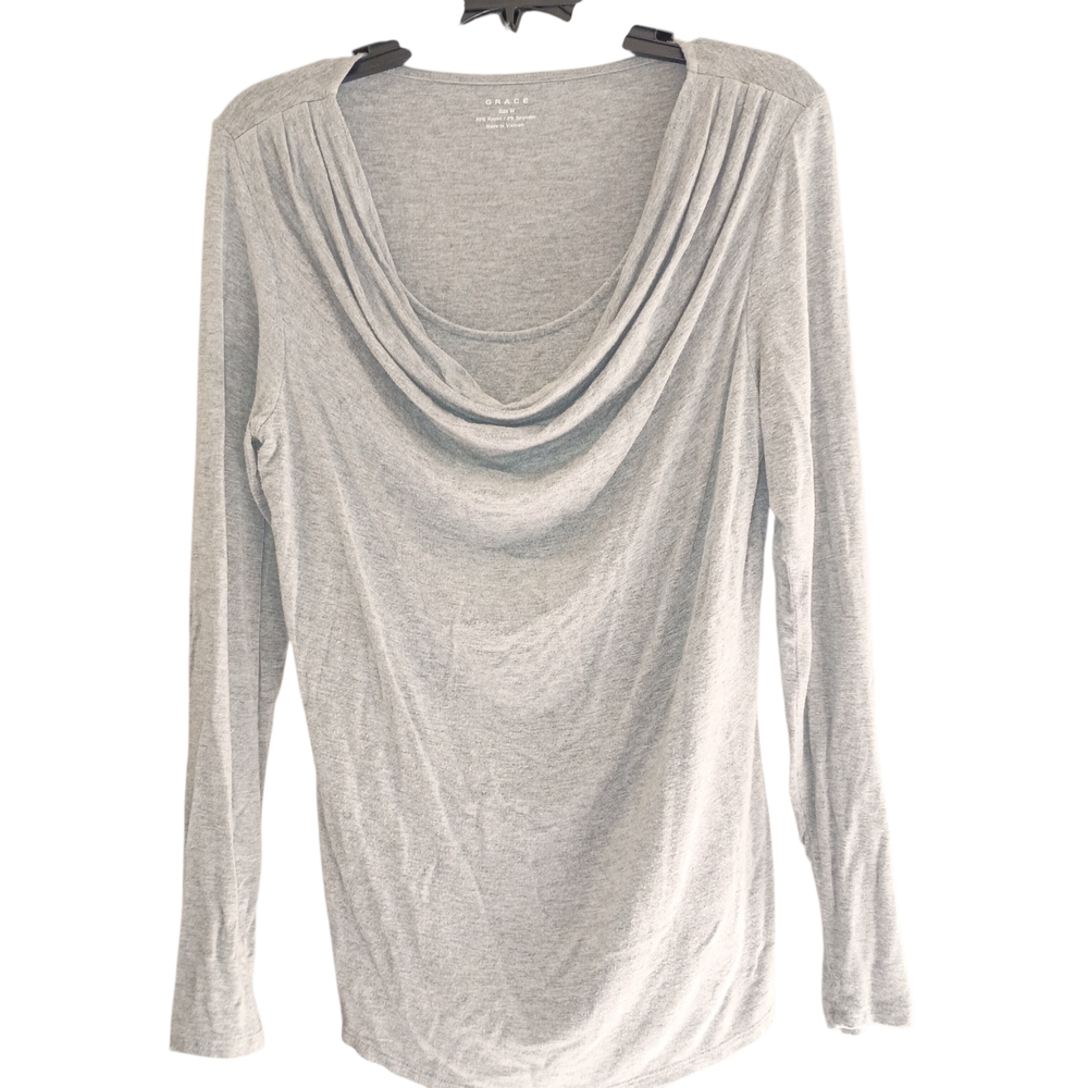 Grace Top Women M Gray Knit Cowl Neck Long Sleeve Stretch Lightweight Y2K Top - Picture 3 of 5